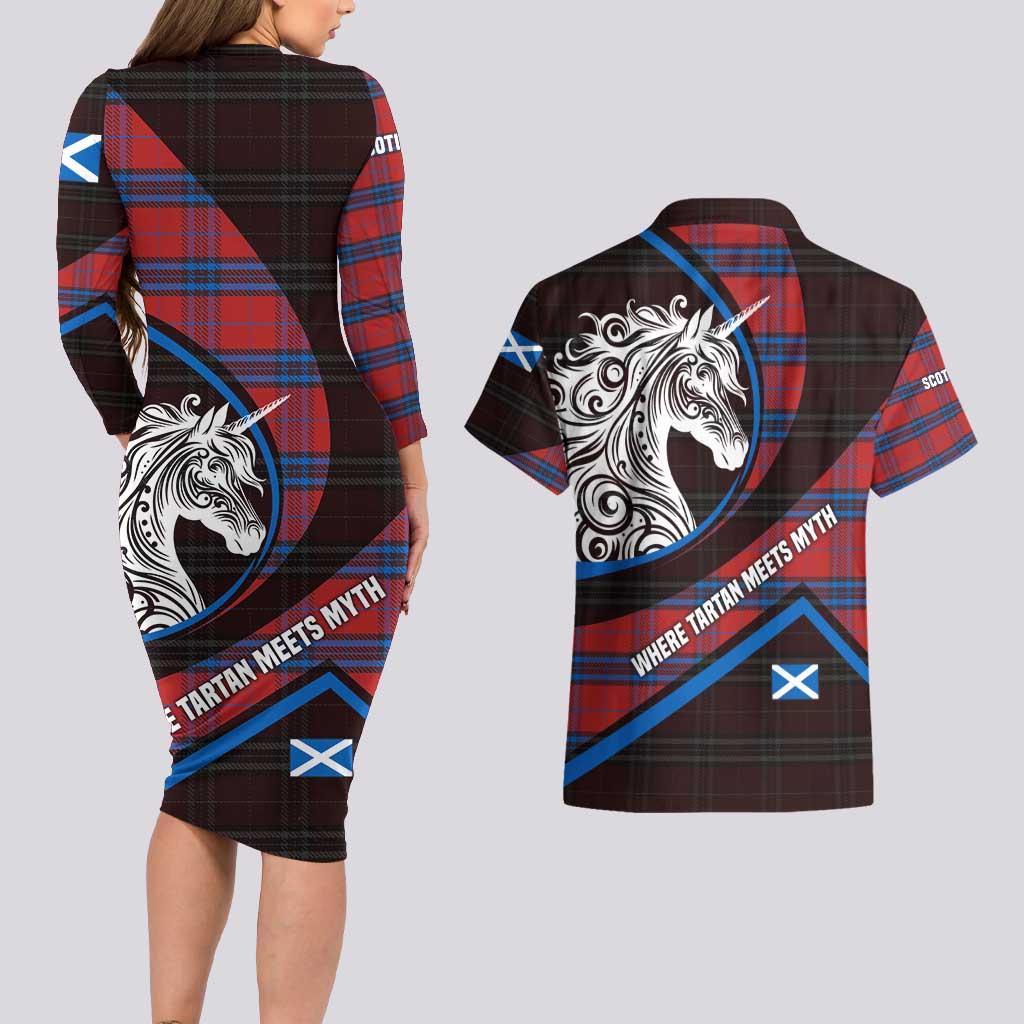Scotland Couples Matching Long Sleeve Bodycon Dress and Hawaiian Shirt with Red Blue Tartan Pattern with Unicorn Illustration Saltire Flag and Where Tartan Meets Myth Quote Design - Wonder Print Shop
