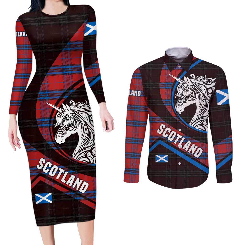 Scotland Couples Matching Long Sleeve Bodycon Dress and Long Sleeve Button Shirt with Red Blue Tartan Pattern with Unicorn Illustration Saltire Flag and Where Tartan Meets Myth Quote Design - Wonder Print Shop