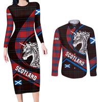 Scotland Couples Matching Long Sleeve Bodycon Dress and Long Sleeve Button Shirt with Red Blue Tartan Pattern with Unicorn Illustration Saltire Flag and Where Tartan Meets Myth Quote Design - Wonder Print Shop