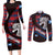 Scotland Couples Matching Long Sleeve Bodycon Dress and Long Sleeve Button Shirt with Red Blue Tartan Pattern with Unicorn Illustration Saltire Flag and Where Tartan Meets Myth Quote Design - Wonder Print Shop