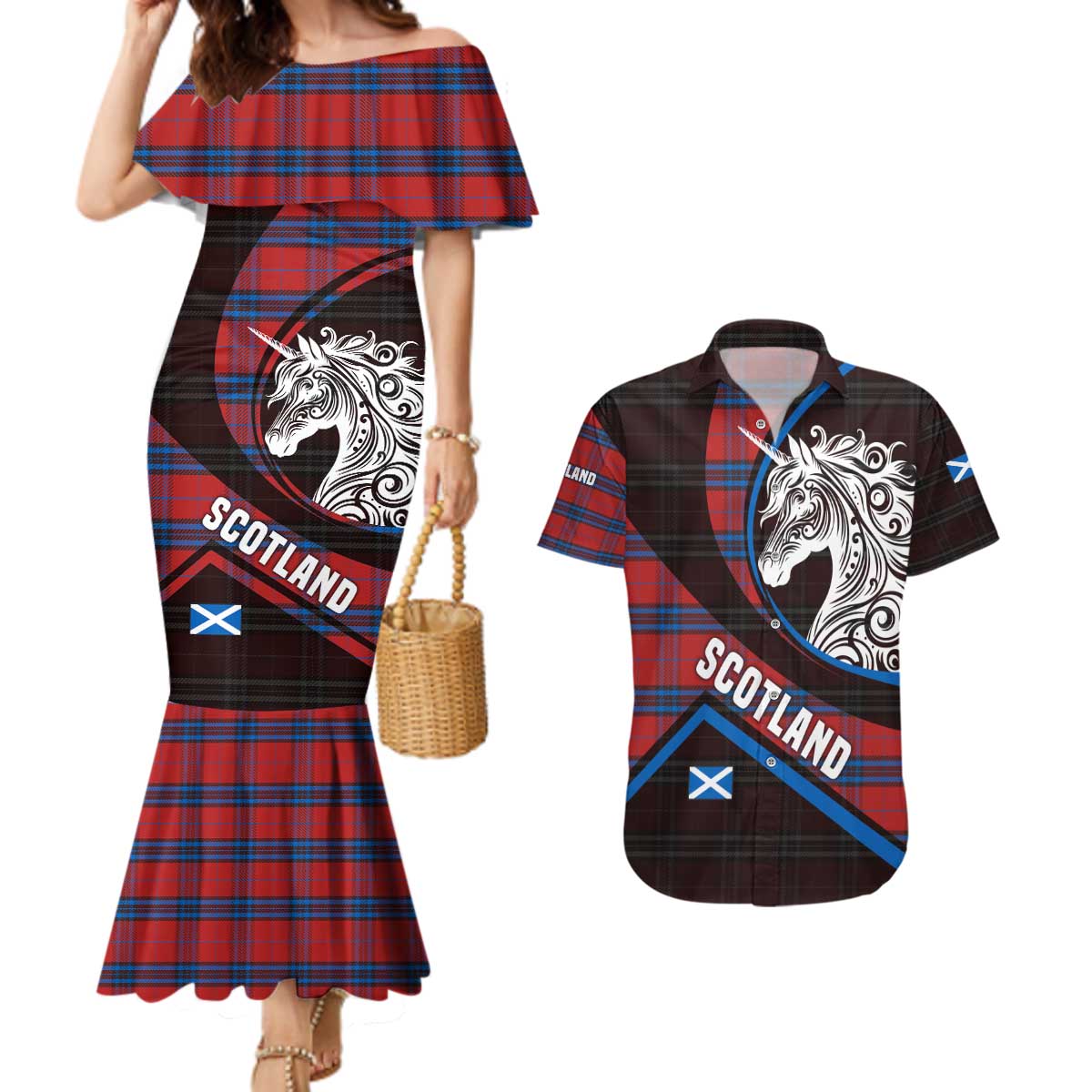 Scotland Couples Matching Mermaid Dress and Hawaiian Shirt with Red Blue Tartan Pattern with Unicorn Illustration Saltire Flag and Where Tartan Meets Myth Quote Design - Wonder Print Shop