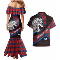 Scotland Couples Matching Mermaid Dress and Hawaiian Shirt with Red Blue Tartan Pattern with Unicorn Illustration Saltire Flag and Where Tartan Meets Myth Quote Design - Wonder Print Shop