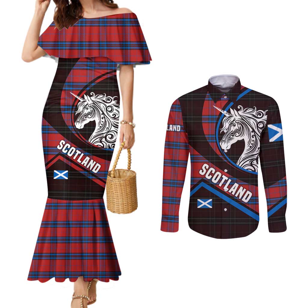 Scotland Couples Matching Mermaid Dress and Long Sleeve Button Shirt with Red Blue Tartan Pattern with Unicorn Illustration Saltire Flag and Where Tartan Meets Myth Quote Design - Wonder Print Shop