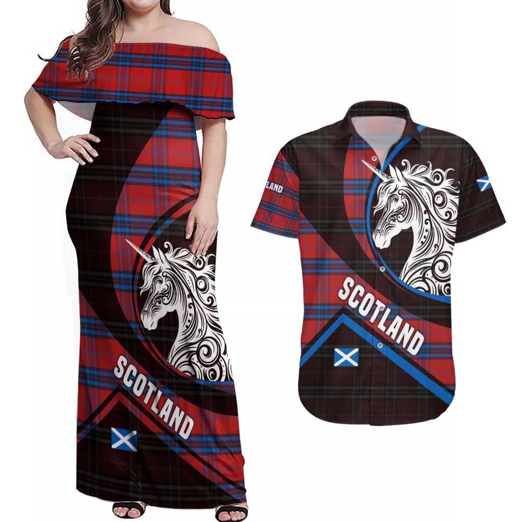 Scotland Couples Matching Off Shoulder Maxi Dress and Hawaiian Shirt with Red Blue Tartan Pattern with Unicorn Illustration Saltire Flag and Where Tartan Meets Myth Quote Design - Wonder Print Shop