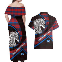 Scotland Couples Matching Off Shoulder Maxi Dress and Hawaiian Shirt with Red Blue Tartan Pattern with Unicorn Illustration Saltire Flag and Where Tartan Meets Myth Quote Design - Wonder Print Shop