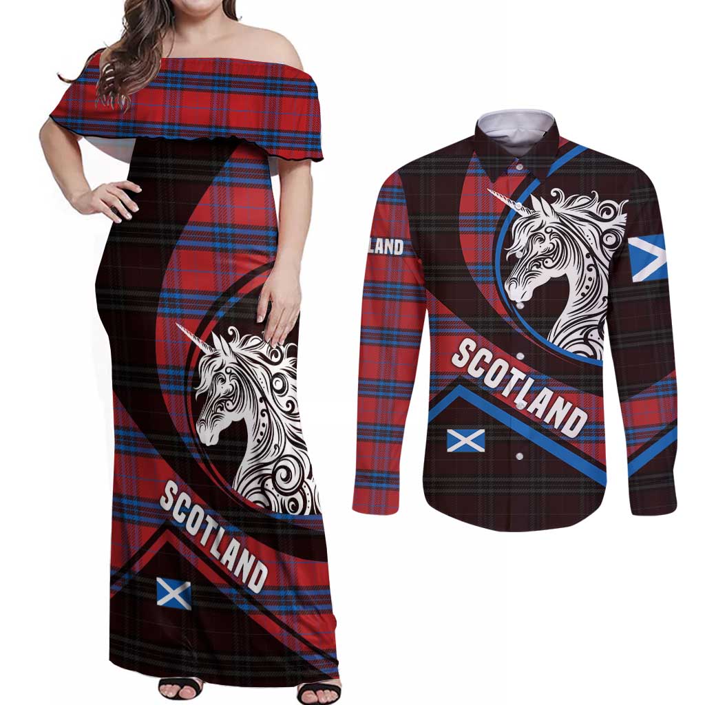 Scotland Couples Matching Off Shoulder Maxi Dress and Long Sleeve Button Shirt with Red Blue Tartan Pattern with Unicorn Illustration Saltire Flag and Where Tartan Meets Myth Quote Design - Wonder Print Shop