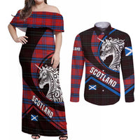 Scotland Couples Matching Off Shoulder Maxi Dress and Long Sleeve Button Shirt with Red Blue Tartan Pattern with Unicorn Illustration Saltire Flag and Where Tartan Meets Myth Quote Design - Wonder Print Shop