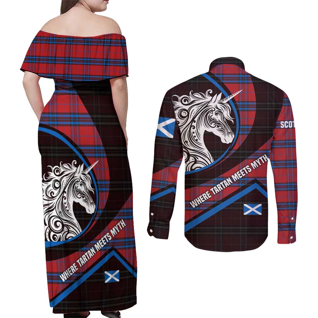 Scotland Couples Matching Off Shoulder Maxi Dress and Long Sleeve Button Shirt with Red Blue Tartan Pattern with Unicorn Illustration Saltire Flag and Where Tartan Meets Myth Quote Design - Wonder Print Shop