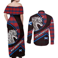 Scotland Couples Matching Off Shoulder Maxi Dress and Long Sleeve Button Shirt with Red Blue Tartan Pattern with Unicorn Illustration Saltire Flag and Where Tartan Meets Myth Quote Design - Wonder Print Shop
