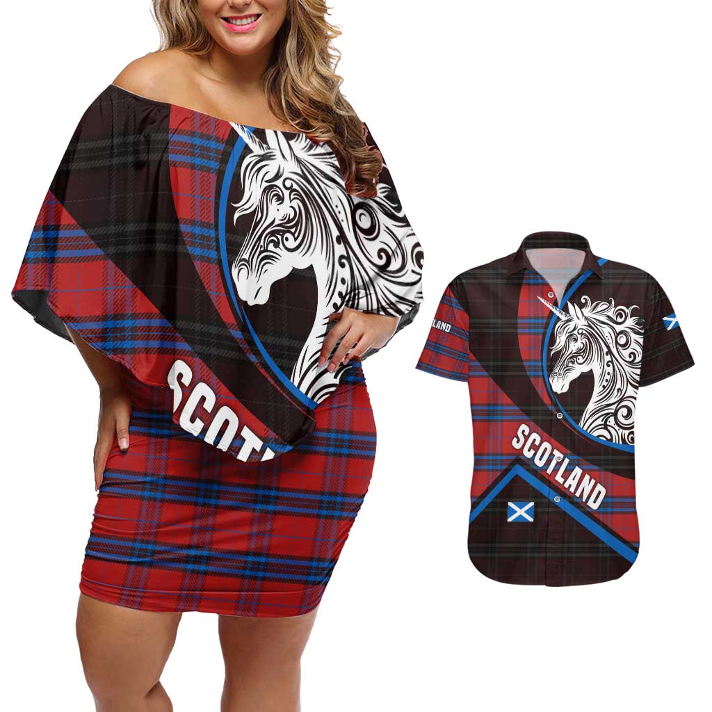 Scotland Couples Matching Off Shoulder Short Dress and Hawaiian Shirt with Red Blue Tartan Pattern with Unicorn Illustration Saltire Flag and Where Tartan Meets Myth Quote Design - Wonder Print Shop