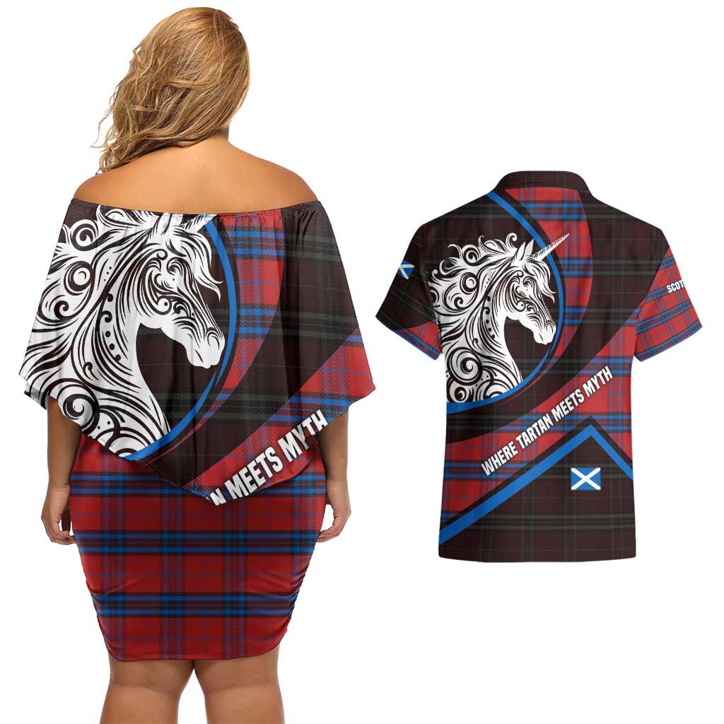 Scotland Couples Matching Off Shoulder Short Dress and Hawaiian Shirt with Red Blue Tartan Pattern with Unicorn Illustration Saltire Flag and Where Tartan Meets Myth Quote Design - Wonder Print Shop