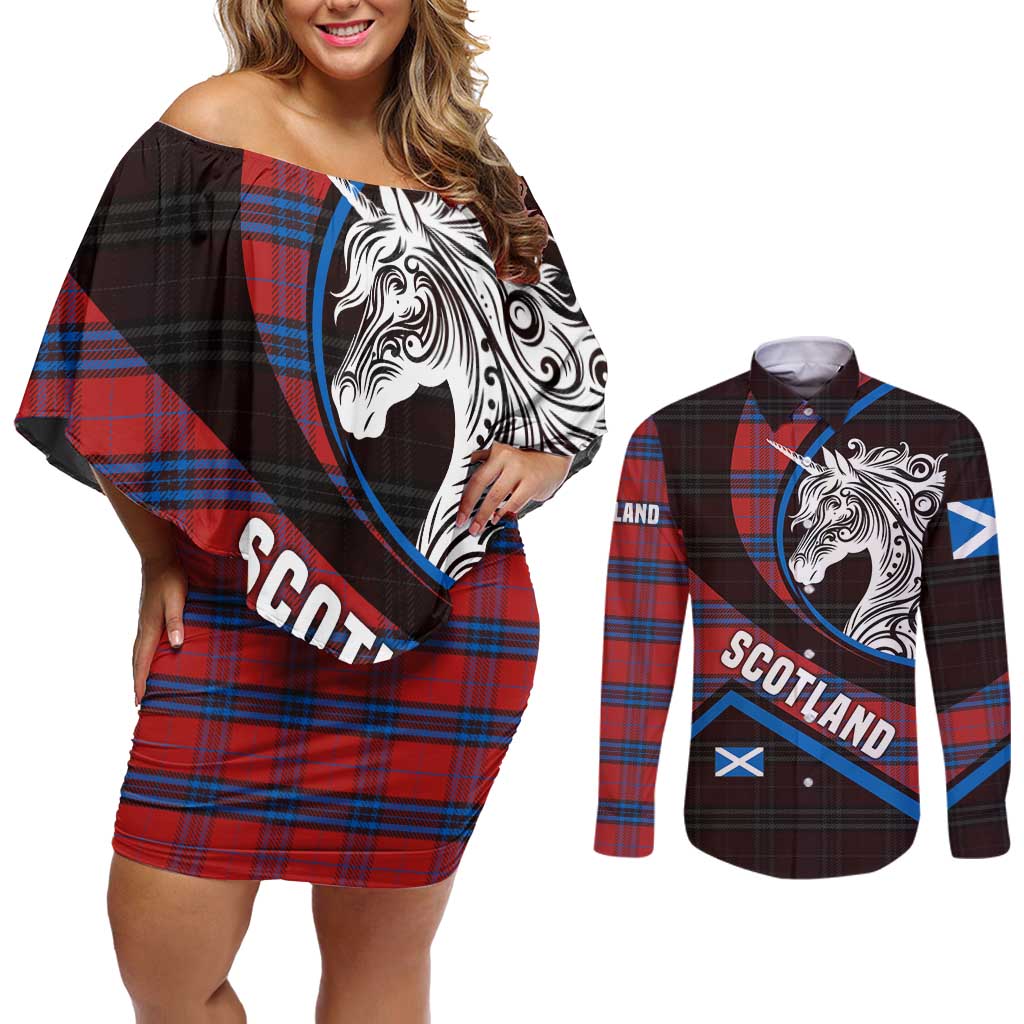 Scotland Couples Matching Off Shoulder Short Dress and Long Sleeve Button Shirt with Red Blue Tartan Pattern with Unicorn Illustration Saltire Flag and Where Tartan Meets Myth Quote Design - Wonder Print Shop