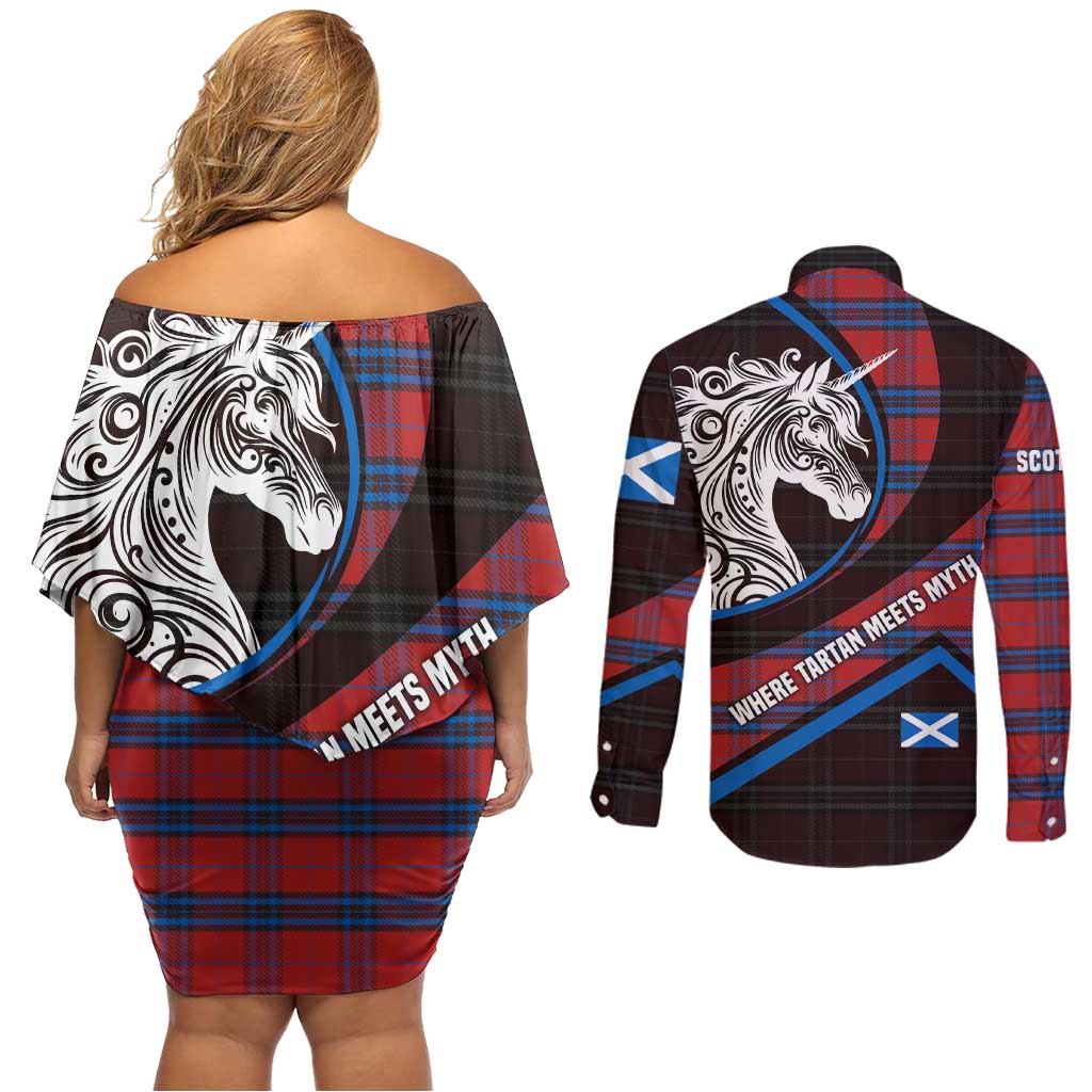 Scotland Couples Matching Off Shoulder Short Dress and Long Sleeve Button Shirt with Red Blue Tartan Pattern with Unicorn Illustration Saltire Flag and Where Tartan Meets Myth Quote Design - Wonder Print Shop