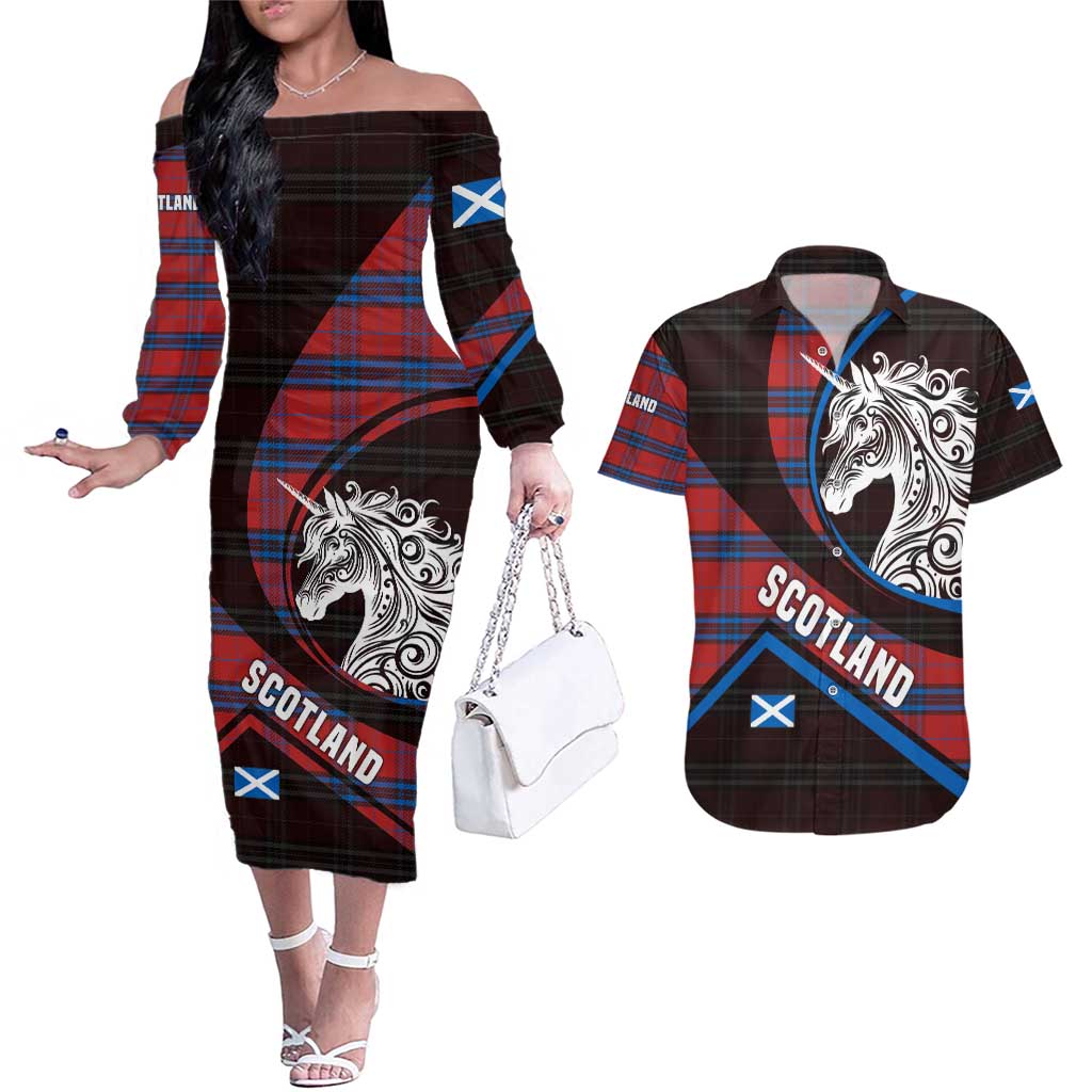 Scotland Couples Matching Off The Shoulder Long Sleeve Dress and Hawaiian Shirt with Red Blue Tartan Pattern with Unicorn Illustration Saltire Flag and Where Tartan Meets Myth Quote Design - Wonder Print Shop