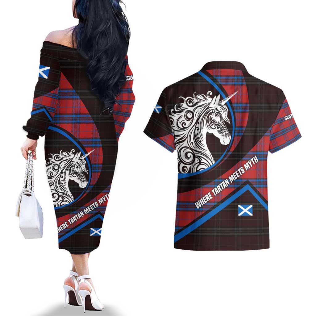 Scotland Couples Matching Off The Shoulder Long Sleeve Dress and Hawaiian Shirt with Red Blue Tartan Pattern with Unicorn Illustration Saltire Flag and Where Tartan Meets Myth Quote Design - Wonder Print Shop