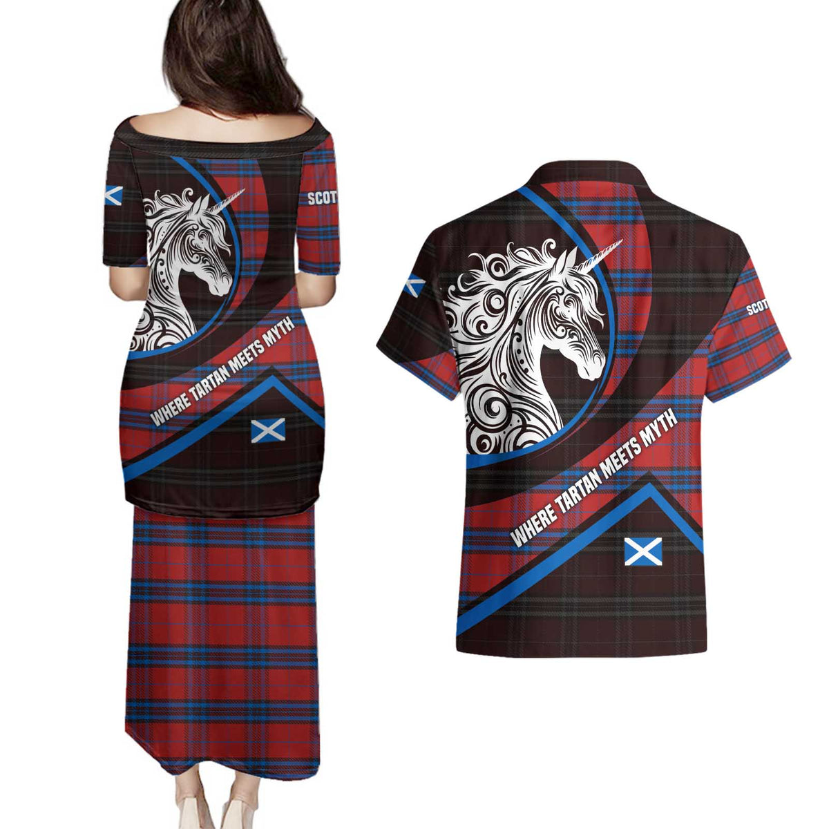 Scotland Couples Matching Puletasi and Hawaiian Shirt with Red Blue Tartan Pattern with Unicorn Illustration Saltire Flag and Where Tartan Meets Myth Quote Design - Wonder Print Shop
