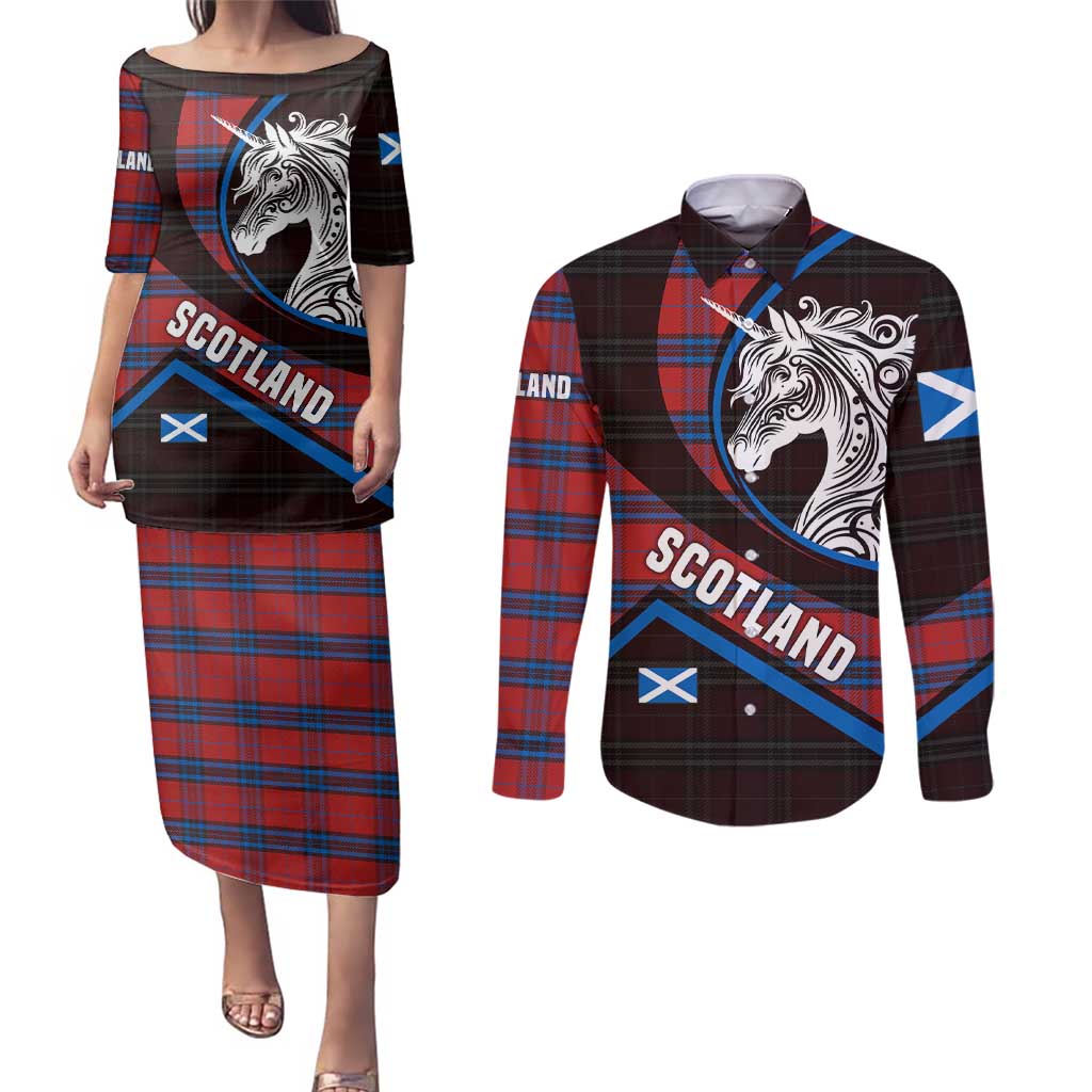 Scotland Couples Matching Puletasi and Long Sleeve Button Shirt with Red Blue Tartan Pattern with Unicorn Illustration Saltire Flag and Where Tartan Meets Myth Quote Design - Wonder Print Shop
