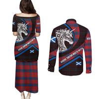 Scotland Couples Matching Puletasi and Long Sleeve Button Shirt with Red Blue Tartan Pattern with Unicorn Illustration Saltire Flag and Where Tartan Meets Myth Quote Design - Wonder Print Shop