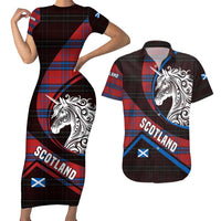 Scotland Couples Matching Short Sleeve Bodycon Dress and Hawaiian Shirt with Red Blue Tartan Pattern with Unicorn Illustration Saltire Flag and Where Tartan Meets Myth Quote Design - Wonder Print Shop