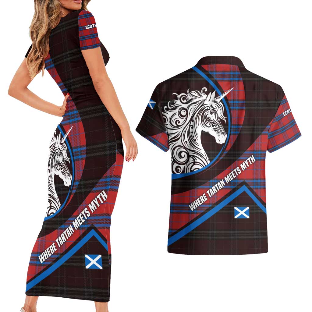 Scotland Couples Matching Short Sleeve Bodycon Dress and Hawaiian Shirt with Red Blue Tartan Pattern with Unicorn Illustration Saltire Flag and Where Tartan Meets Myth Quote Design - Wonder Print Shop