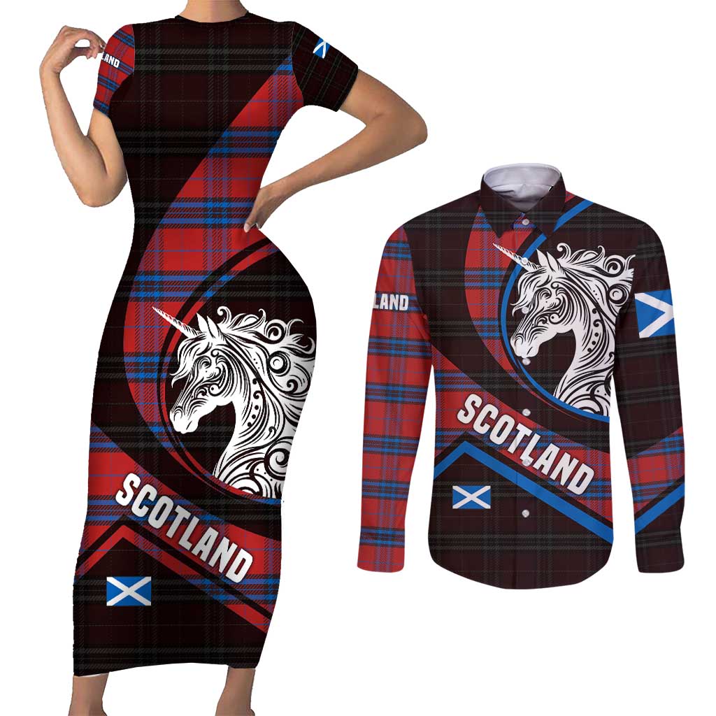 Scotland Couples Matching Short Sleeve Bodycon Dress and Long Sleeve Button Shirt with Red Blue Tartan Pattern with Unicorn Illustration Saltire Flag and Where Tartan Meets Myth Quote Design - Wonder Print Shop