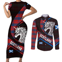Scotland Couples Matching Short Sleeve Bodycon Dress and Long Sleeve Button Shirt with Red Blue Tartan Pattern with Unicorn Illustration Saltire Flag and Where Tartan Meets Myth Quote Design - Wonder Print Shop