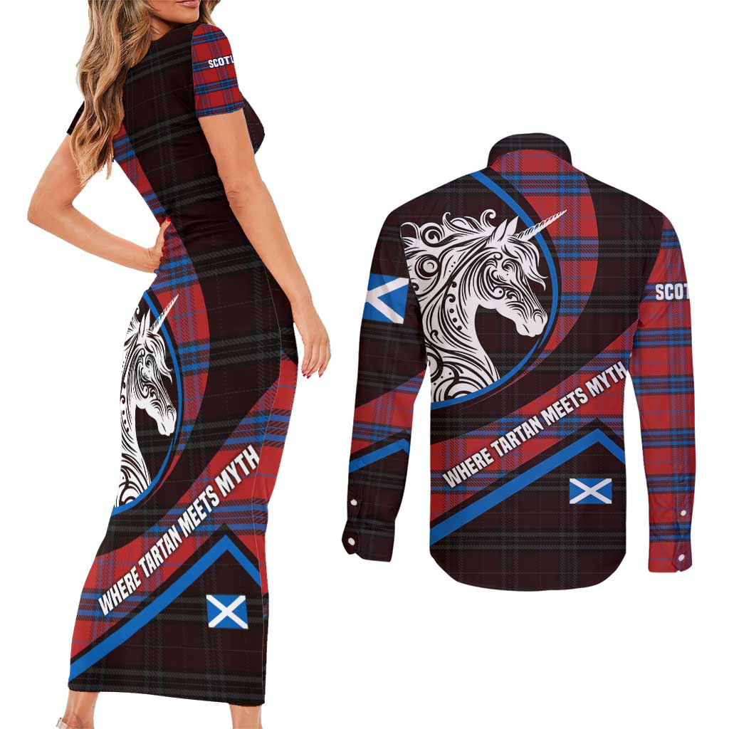 Scotland Couples Matching Short Sleeve Bodycon Dress and Long Sleeve Button Shirt with Red Blue Tartan Pattern with Unicorn Illustration Saltire Flag and Where Tartan Meets Myth Quote Design - Wonder Print Shop