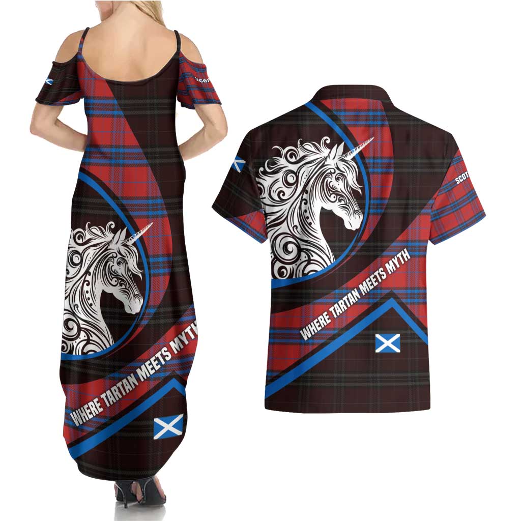Scotland Couples Matching Summer Maxi Dress and Hawaiian Shirt with Red Blue Tartan Pattern with Unicorn Illustration Saltire Flag and Where Tartan Meets Myth Quote Design - Wonder Print Shop