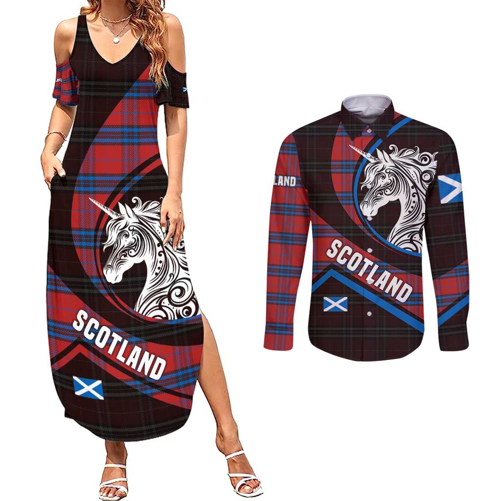 Scotland Couples Matching Summer Maxi Dress and Long Sleeve Button Shirt with Red Blue Tartan Pattern with Unicorn Illustration Saltire Flag and Where Tartan Meets Myth Quote Design - Wonder Print Shop