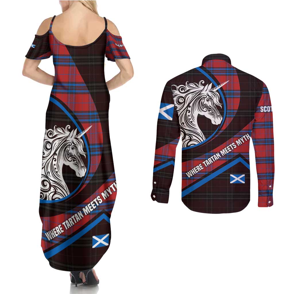 Scotland Couples Matching Summer Maxi Dress and Long Sleeve Button Shirt with Red Blue Tartan Pattern with Unicorn Illustration Saltire Flag and Where Tartan Meets Myth Quote Design - Wonder Print Shop