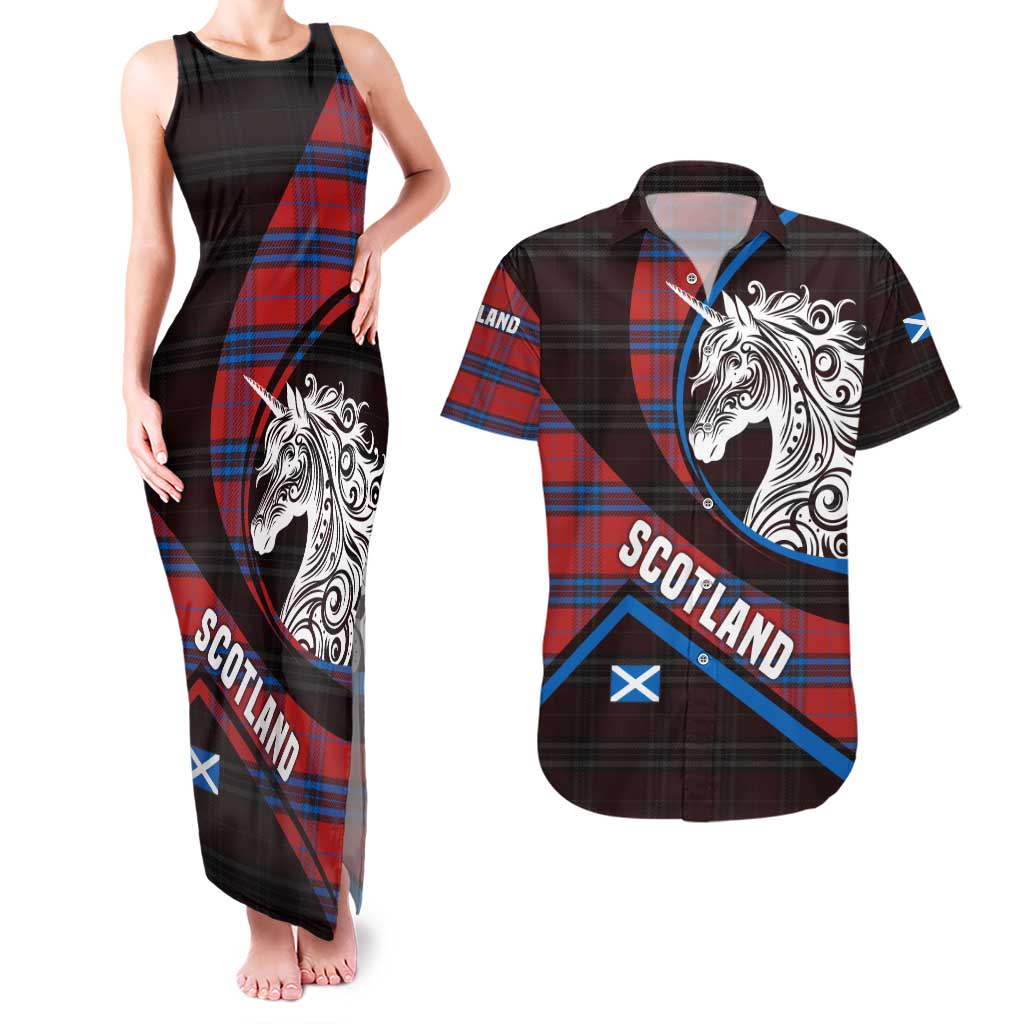 Scotland Couples Matching Tank Maxi Dress and Hawaiian Shirt with Red Blue Tartan Pattern with Unicorn Illustration Saltire Flag and Where Tartan Meets Myth Quote Design - Wonder Print Shop
