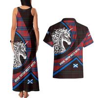 Scotland Couples Matching Tank Maxi Dress and Hawaiian Shirt with Red Blue Tartan Pattern with Unicorn Illustration Saltire Flag and Where Tartan Meets Myth Quote Design - Wonder Print Shop
