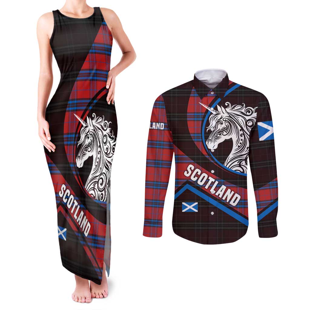 Scotland Couples Matching Tank Maxi Dress and Long Sleeve Button Shirt with Red Blue Tartan Pattern with Unicorn Illustration Saltire Flag and Where Tartan Meets Myth Quote Design - Wonder Print Shop