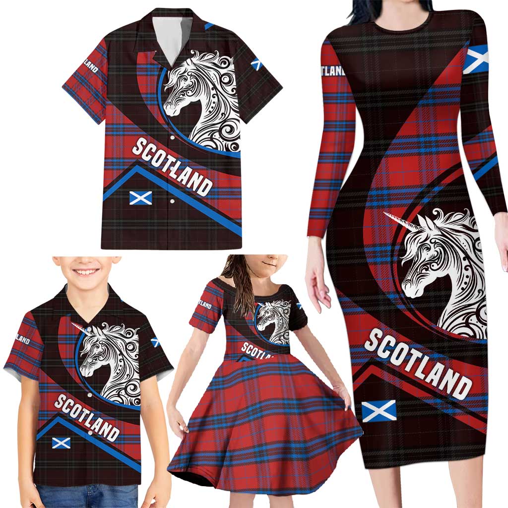Scotland Family Matching Long Sleeve Bodycon Dress and Hawaiian Shirt with Red Blue Tartan Pattern with Unicorn Illustration Saltire Flag and Where Tartan Meets Myth Quote Design - Wonder Print Shop