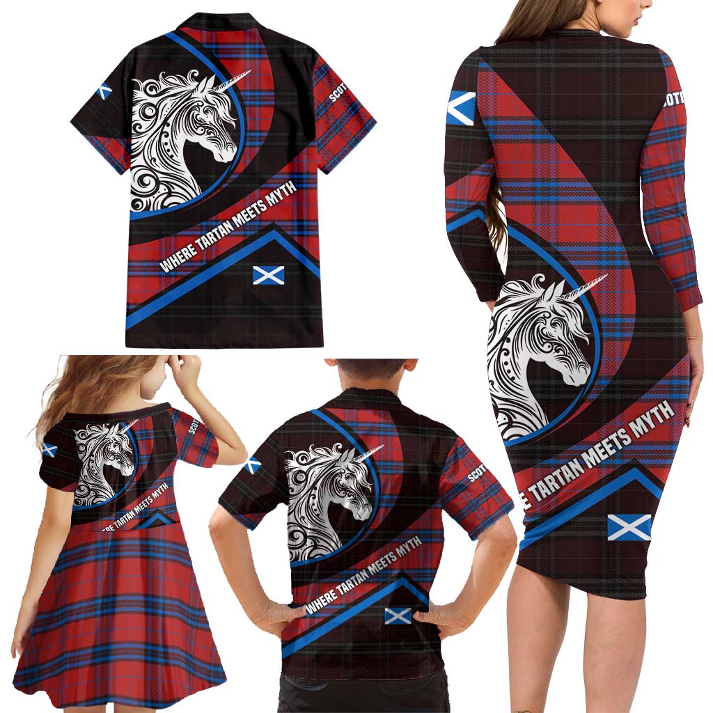 Scotland Family Matching Long Sleeve Bodycon Dress and Hawaiian Shirt with Red Blue Tartan Pattern with Unicorn Illustration Saltire Flag and Where Tartan Meets Myth Quote Design - Wonder Print Shop