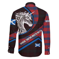 Scotland Family Matching Long Sleeve Bodycon Dress and Hawaiian Shirt with Red Blue Tartan Pattern with Unicorn Illustration Saltire Flag and Where Tartan Meets Myth Quote Design - Wonder Print Shop
