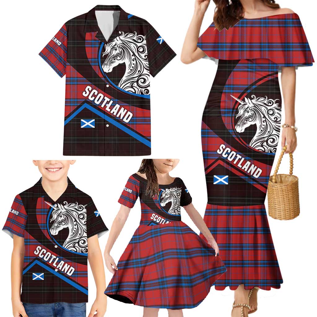 Scotland Family Matching Mermaid Dress and Hawaiian Shirt with Red Blue Tartan Pattern with Unicorn Illustration Saltire Flag and Where Tartan Meets Myth Quote Design - Wonder Print Shop