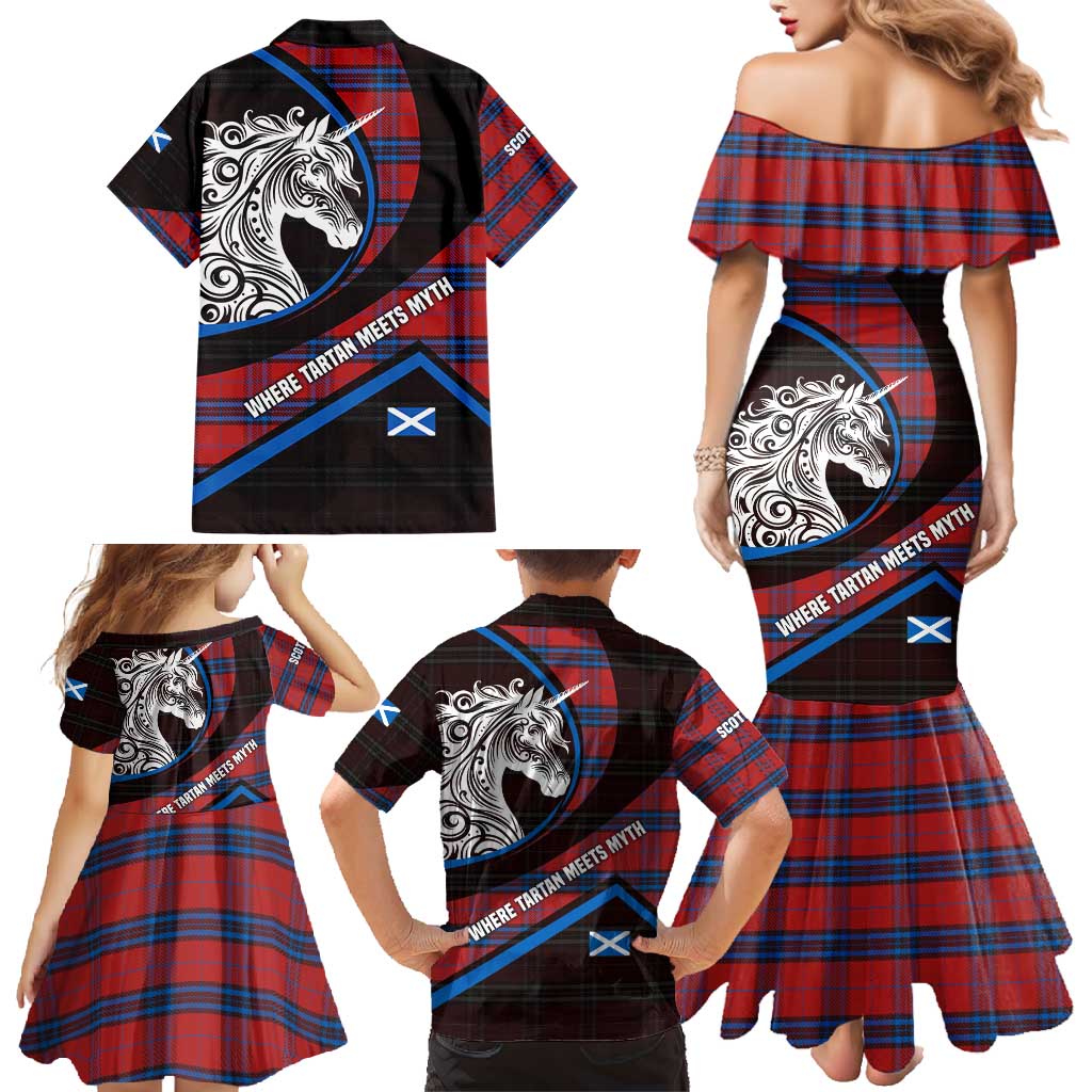Scotland Family Matching Mermaid Dress and Hawaiian Shirt with Red Blue Tartan Pattern with Unicorn Illustration Saltire Flag and Where Tartan Meets Myth Quote Design - Wonder Print Shop