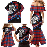 Scotland Family Matching Mermaid Dress and Hawaiian Shirt with Red Blue Tartan Pattern with Unicorn Illustration Saltire Flag and Where Tartan Meets Myth Quote Design - Wonder Print Shop