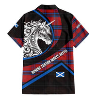 Scotland Family Matching Mermaid Dress and Hawaiian Shirt with Red Blue Tartan Pattern with Unicorn Illustration Saltire Flag and Where Tartan Meets Myth Quote Design - Wonder Print Shop