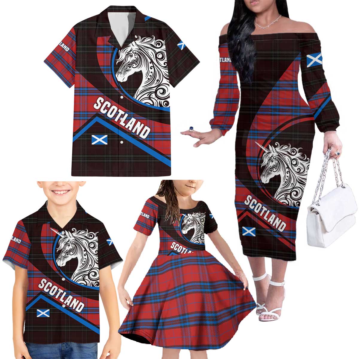 Scotland Family Matching Off The Shoulder Long Sleeve Dress and Hawaiian Shirt with Red Blue Tartan Pattern with Unicorn Illustration Saltire Flag and Where Tartan Meets Myth Quote Design - Wonder Print Shop