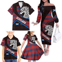 Scotland Family Matching Off The Shoulder Long Sleeve Dress and Hawaiian Shirt with Red Blue Tartan Pattern with Unicorn Illustration Saltire Flag and Where Tartan Meets Myth Quote Design - Wonder Print Shop