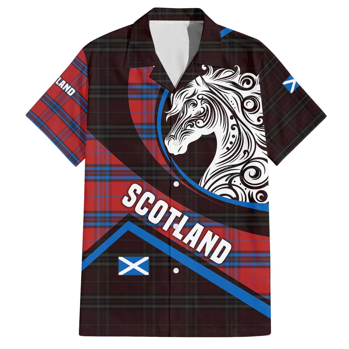 Scotland Family Matching Off The Shoulder Long Sleeve Dress and Hawaiian Shirt with Red Blue Tartan Pattern with Unicorn Illustration Saltire Flag and Where Tartan Meets Myth Quote Design - Wonder Print Shop