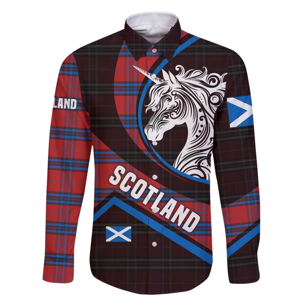 Scotland Family Matching Off The Shoulder Long Sleeve Dress and Hawaiian Shirt with Red Blue Tartan Pattern with Unicorn Illustration Saltire Flag and Where Tartan Meets Myth Quote Design - Wonder Print Shop