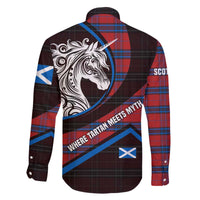 Scotland Family Matching Off The Shoulder Long Sleeve Dress and Hawaiian Shirt with Red Blue Tartan Pattern with Unicorn Illustration Saltire Flag and Where Tartan Meets Myth Quote Design - Wonder Print Shop