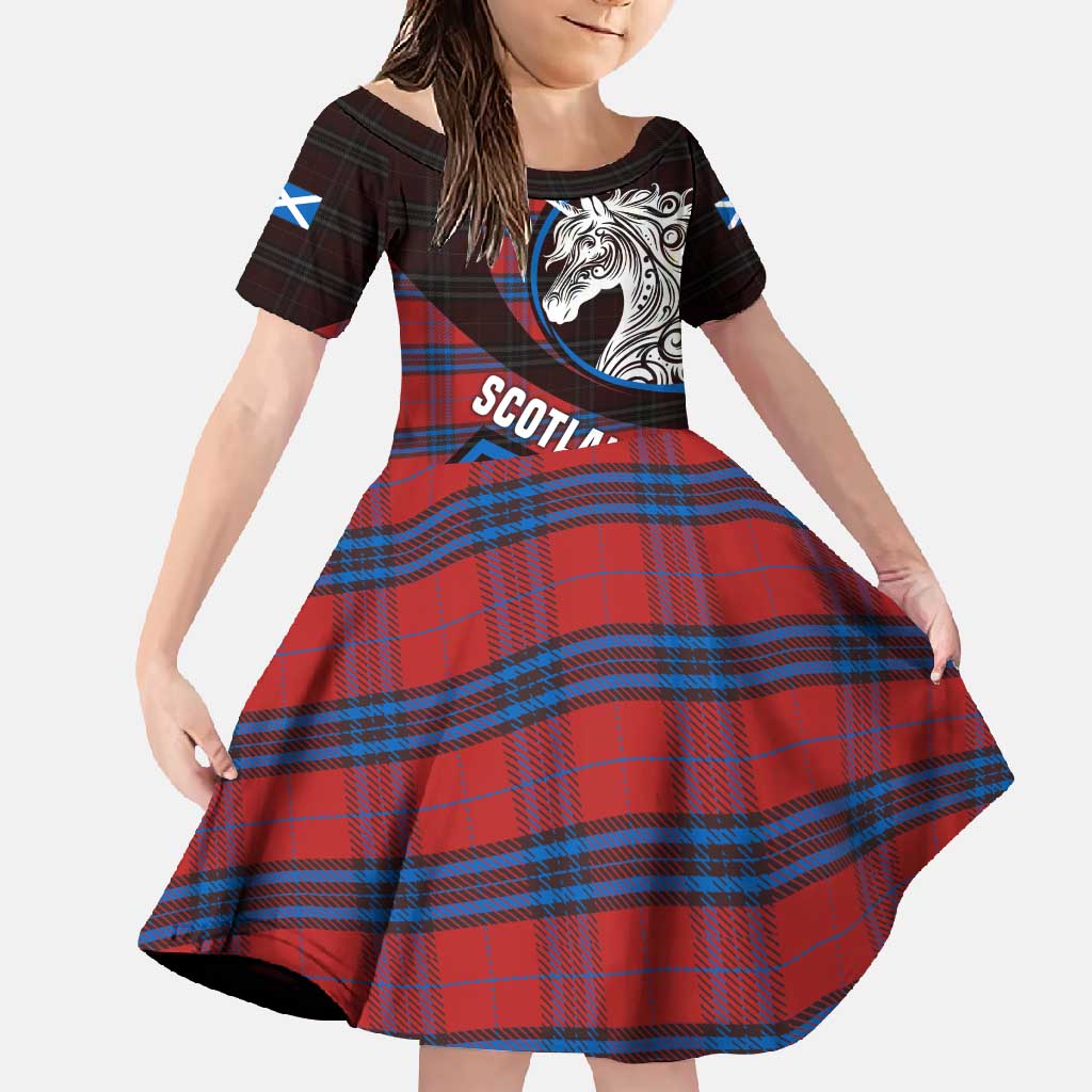 Scotland Family Matching Off Shoulder Maxi Dress and Hawaiian Shirt with Red Blue Tartan Pattern with Unicorn Illustration Saltire Flag and Where Tartan Meets Myth Quote Design - Wonder Print Shop
