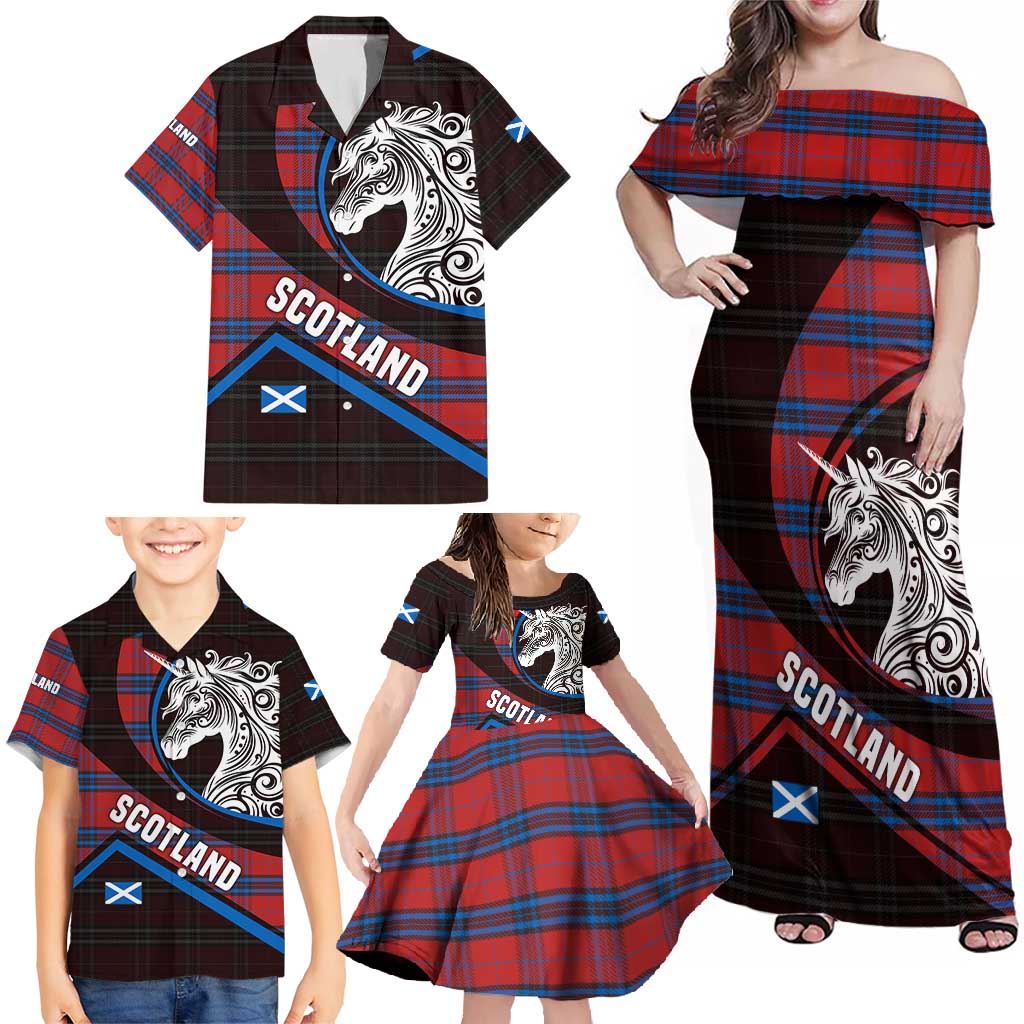 Scotland Family Matching Off Shoulder Maxi Dress and Hawaiian Shirt with Red Blue Tartan Pattern with Unicorn Illustration Saltire Flag and Where Tartan Meets Myth Quote Design - Wonder Print Shop