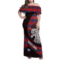 Scotland Family Matching Off Shoulder Maxi Dress and Hawaiian Shirt with Red Blue Tartan Pattern with Unicorn Illustration Saltire Flag and Where Tartan Meets Myth Quote Design - Wonder Print Shop