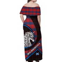 Scotland Family Matching Off Shoulder Maxi Dress and Hawaiian Shirt with Red Blue Tartan Pattern with Unicorn Illustration Saltire Flag and Where Tartan Meets Myth Quote Design - Wonder Print Shop