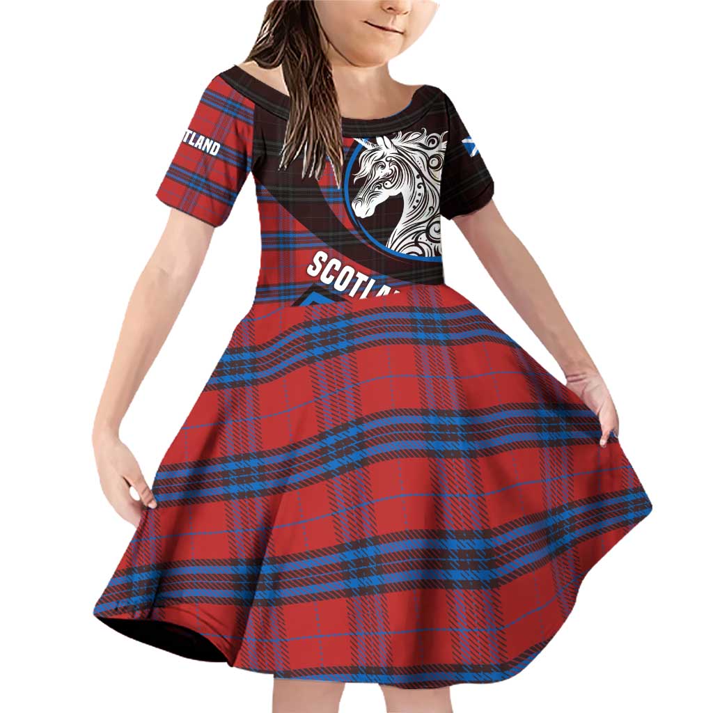 Scotland Family Matching Off Shoulder Short Dress and Hawaiian Shirt with Red Blue Tartan Pattern with Unicorn Illustration Saltire Flag and Where Tartan Meets Myth Quote Design - Wonder Print Shop